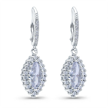 Halo Marquise Dangling Leverback Wedding Earrings Simulated Cubic Zirconia 925 Sterling Silver (31mm)
